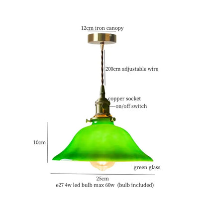 Vintage green lotus led pendant light with green glass shade brass iron canopy and copper socket for dining room