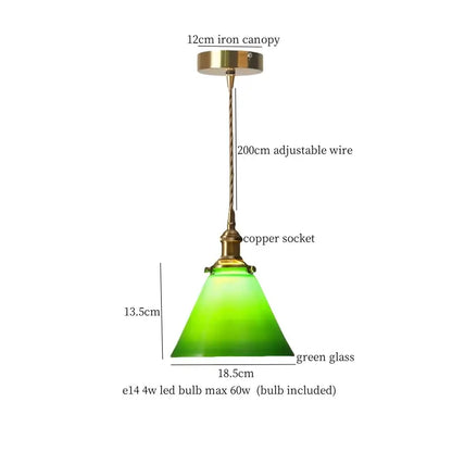 Vintage green lotus led pendant light featuring green glass, brass-finished iron canopy, and copper socket for dining room