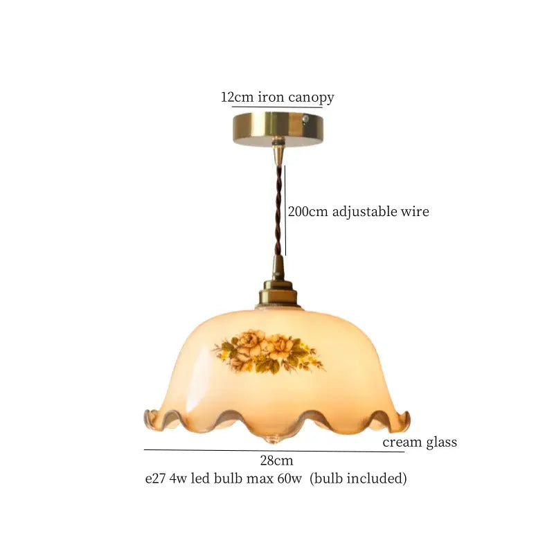 Cream glass pendant light with delicate floral design and ornate brass canopy for vintage green lotus led dining room lamp