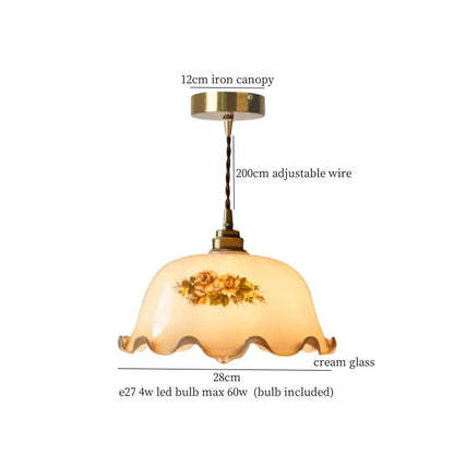 Cream glass pendant light with delicate floral design and ornate brass canopy for vintage green lotus led dining room lamp