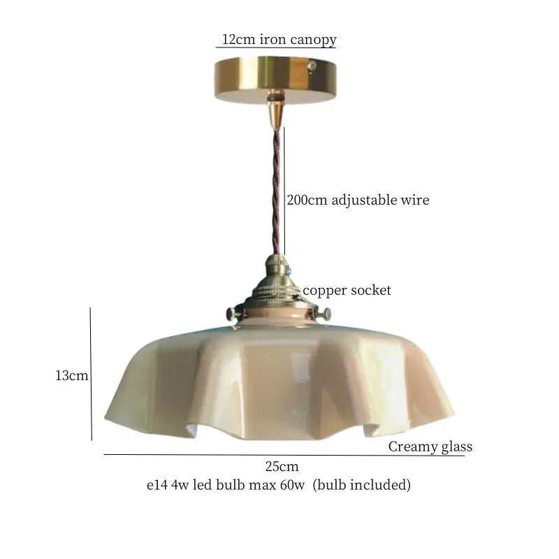 Creamy glass vintage green lotus led pendant light with brass iron canopy and copper socket for dining room use