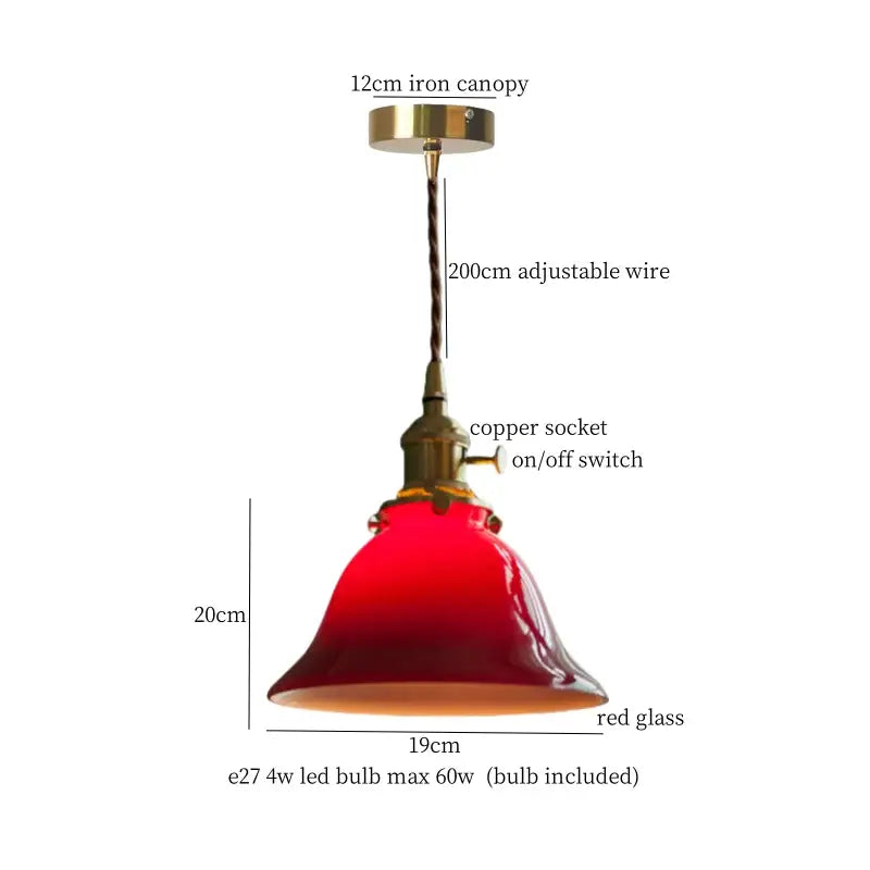 Red glass pendant light with brass iron canopy and copper socket for vintage green lotus led pendant use