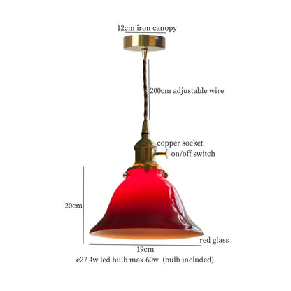 Red glass pendant light with brass iron canopy and copper socket for vintage green lotus led pendant use