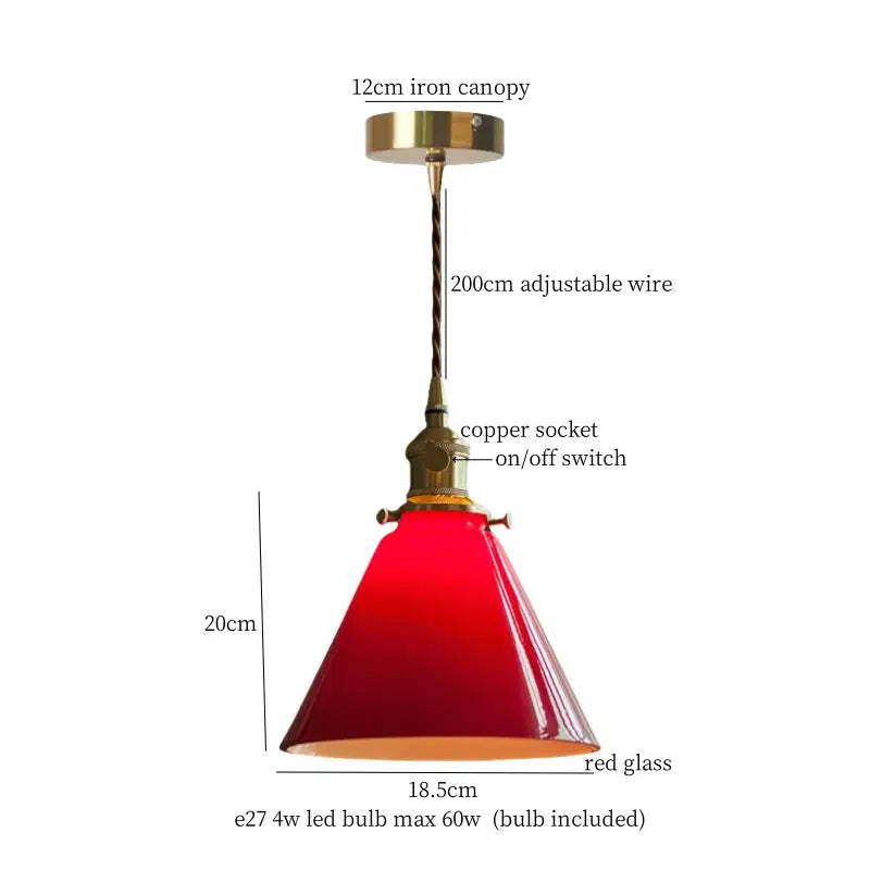 Red glass pendant light with brass iron canopy and copper socket perfect for vintage green lotus led dining room lighting