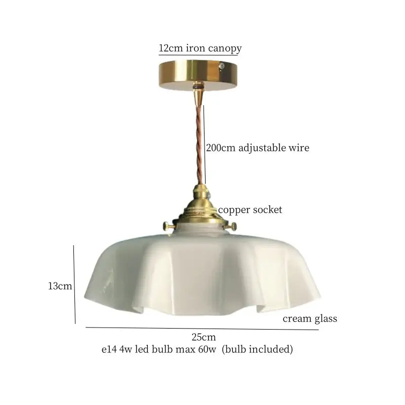 Vintage green lotus led pendant light with cream glass shade brass and copper hardware for dining room use