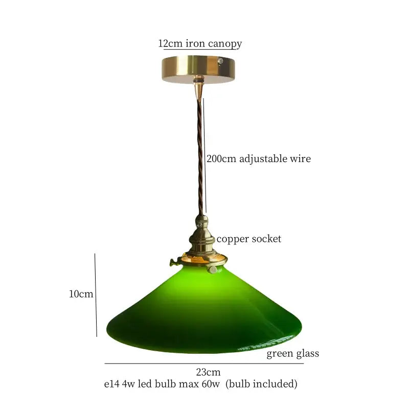 Vintage green lotus led pendant light with a brass iron canopy, adjustable wire, and wide green glass shade for dining room
