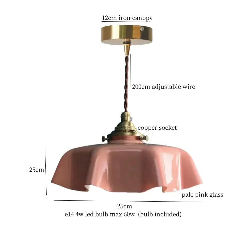 Vintage green lotus led pendant light with pale pink glass shade brass iron canopy and copper socket for dining room