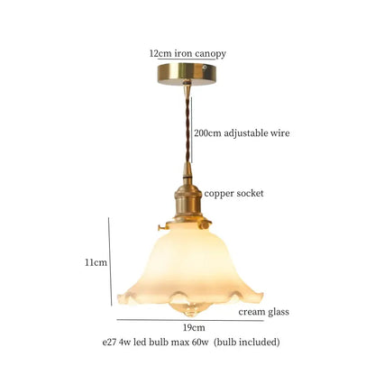 Vintage green lotus led pendant light with brass iron canopy, adjustable copper wire, and cream glass shade for dining room
