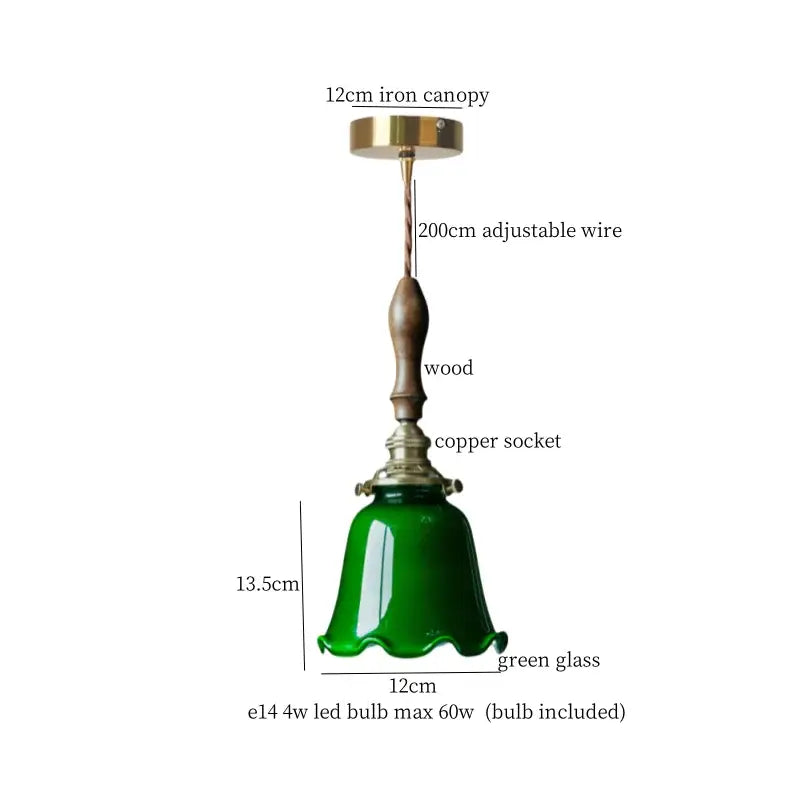 Vintage green lotus led pendant light with bell-shaped glass, brass canopy, wooden handle, and copper socket for dining room