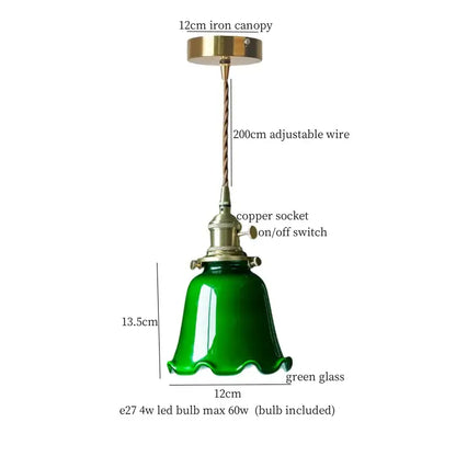 Vintage green lotus led pendant light with bell-shaped glass and brass canopy for dining room lighting