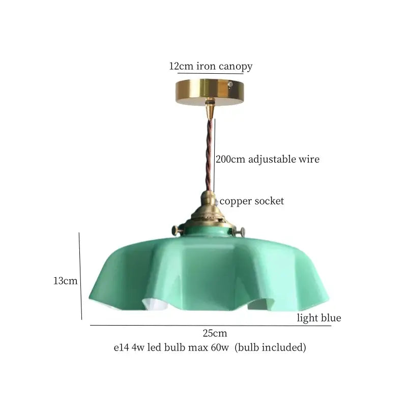 Vintage green lotus led pendant light with light blue fluted glass shade and brass metal components for dining room