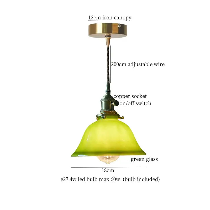 Vintage green lotus led pendant light with bell-shaped glass shade, brass canopy, and copper socket for dining room