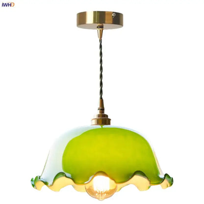 Vintage green lotus led pendant light with glass shade brass ceiling mount and twisted cord for dining room use