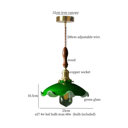 Vintage green lotus led pendant light with green glass shade, brass accents, and wooden handle for dining room use