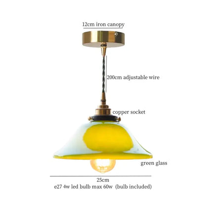 Vintage green lotus led pendant light with brass iron canopy, adjustable copper wire, and translucent green glass shade