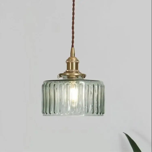 Vintage green ribbed glass led pendant lamp with brass hardware and twisted cord for dining room lighting
