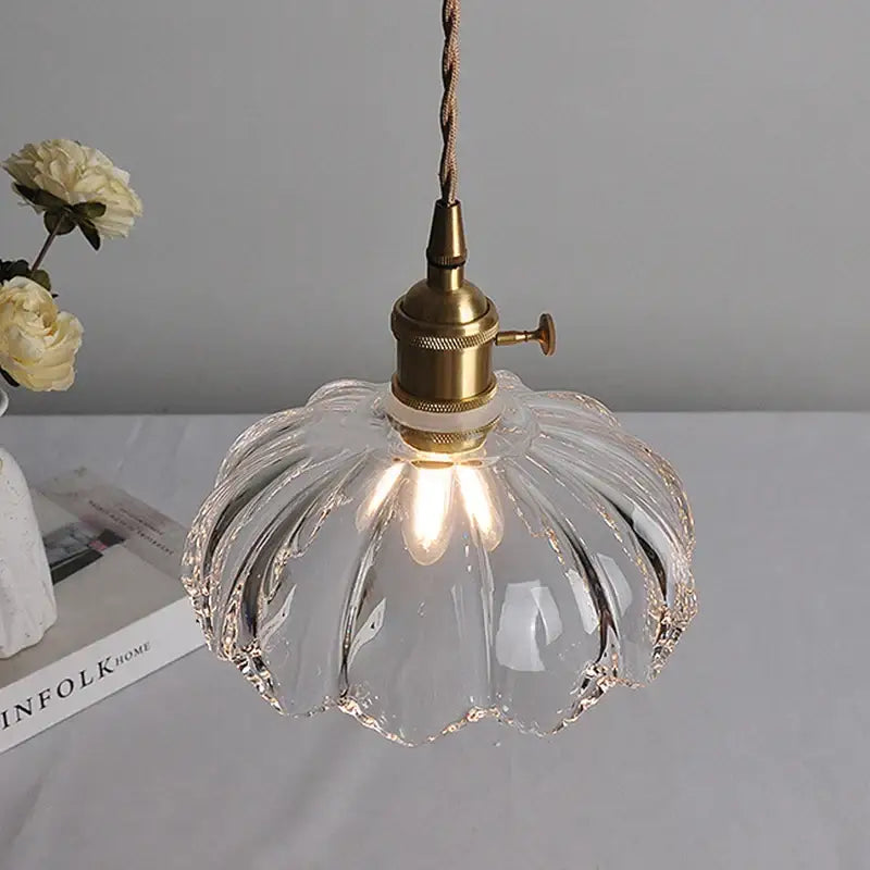 Vintage green and white glass flower pendant light with clear glass shade polished copper socket and twisted cord