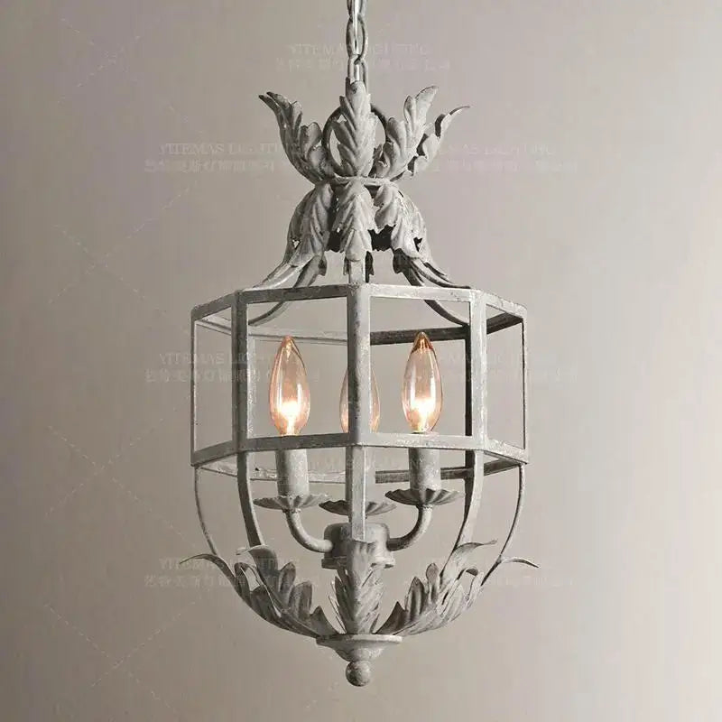 Antique-style vintage grey metal cage lantern chandelier with distressed finish and leaf motif for dining room decorbites grey metal