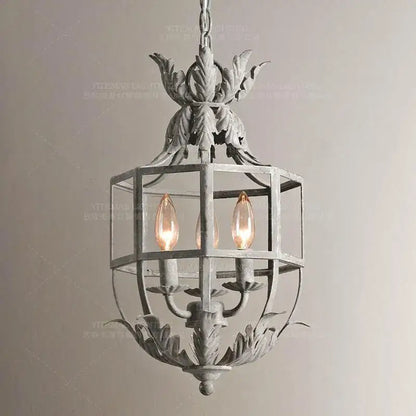 Antique-style vintage grey metal cage lantern chandelier with distressed finish and leaf motif for dining room decorbites grey metal