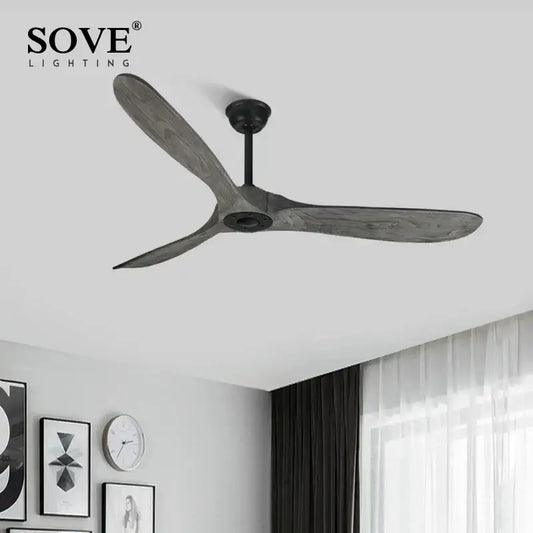 Vintage grey wood ceiling fan by Sove lighting with three dark gray wooden blades and black matte central hub for living room