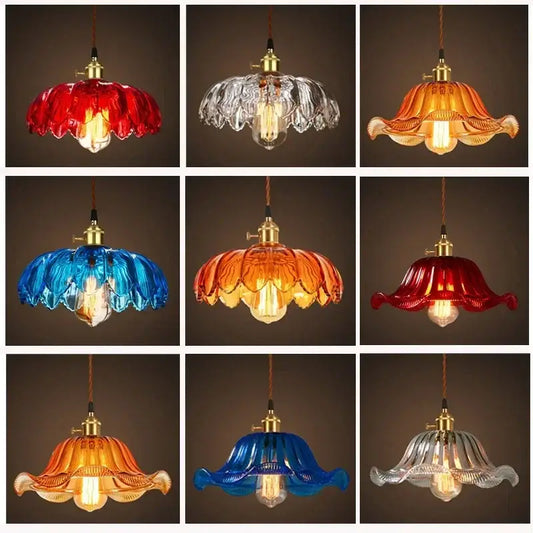 Vintage hand blown glass pendant lights with red blue amber and clear petal shades and brass fixtures for cafes