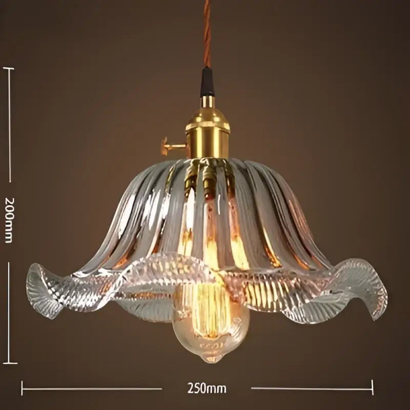 Delicate translucent vintage hand blown glass pendant light with fluted design and brass hardware for living room
