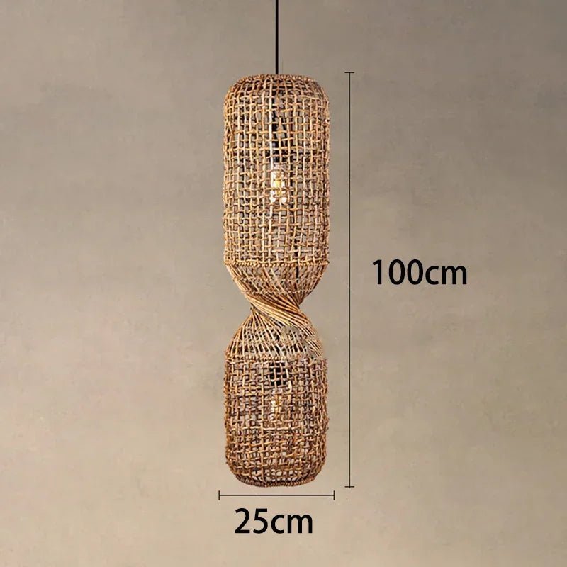 Vintage Hand-Woven Brown Rattan Cylinder Pendant Light - Decorbites