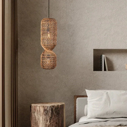 Vintage Hand-Woven Brown Rattan Cylinder Pendant Light - Decorbites