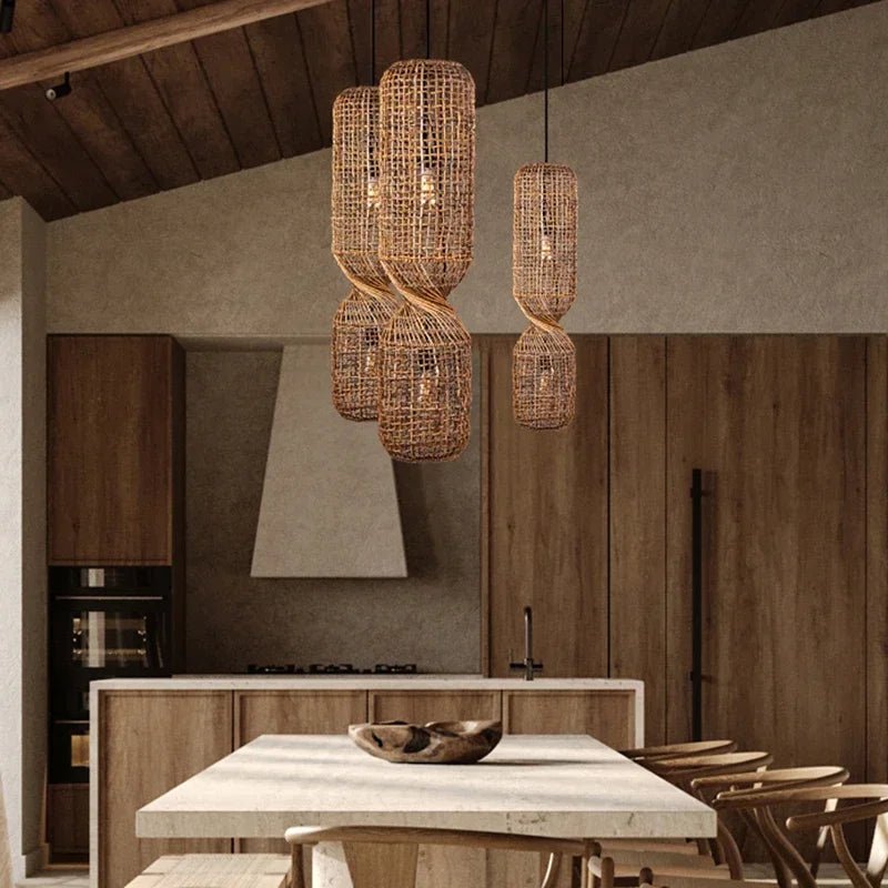 Vintage Hand-Woven Brown Rattan Cylinder Pendant Light - Decorbites