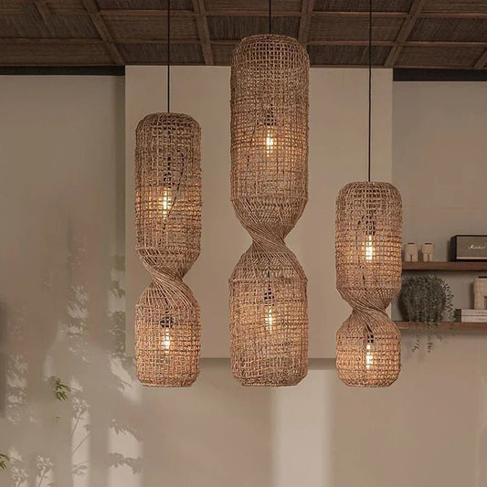Vintage Hand-Woven Brown Rattan Cylinder Pendant Light - Decorbites