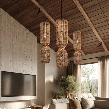 Vintage Hand-Woven Brown Rattan Cylinder Pendant Light - Decorbites