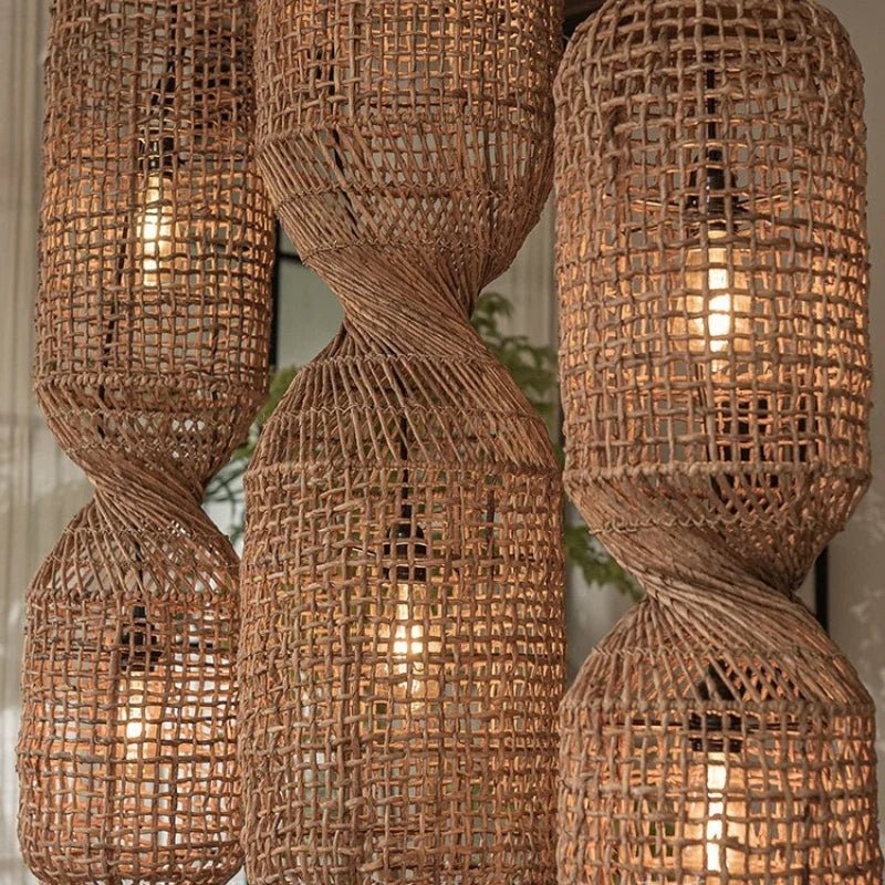 Vintage Hand-Woven Brown Rattan Cylinder Pendant Light - Decorbites