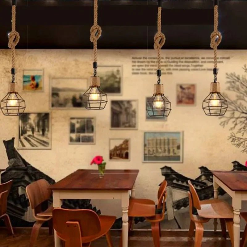 Vintage Hemp Rope Iron Pendant Light in Black - Decorbites