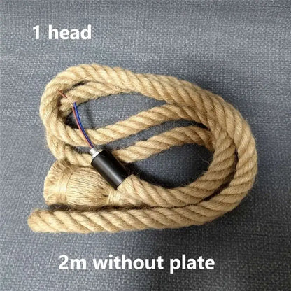 Beige hemp braided rope cord pendant with black head and exposed wires for vintage focused lighting pendant light