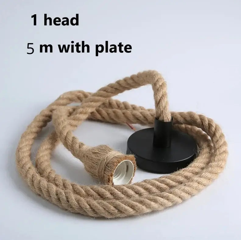 Natural fiber pendant light with vintage hemp rope and black metal plate for focused dining room lighting