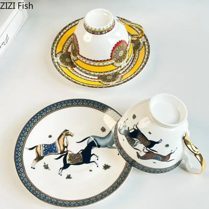 Vintage white porcelain mug cup saucer with gold handle and ornate red yellow green decorative bands for dining room use