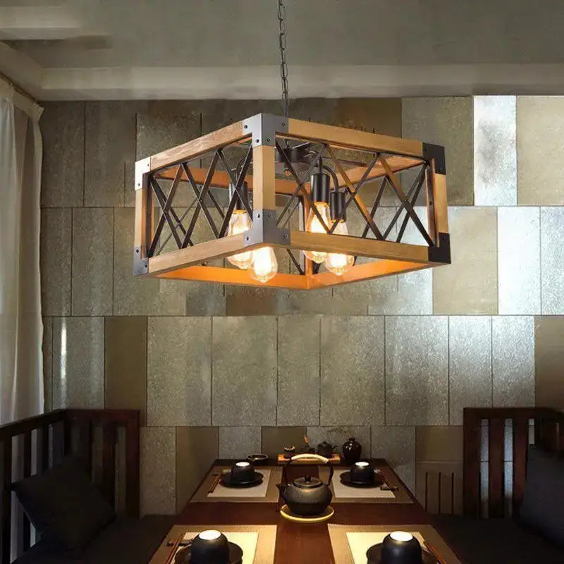 Industrial-style vintage hotel wrought iron wood chandelier with black metal lattice and exposed filament bulbs for dining decorbites vintage hotel