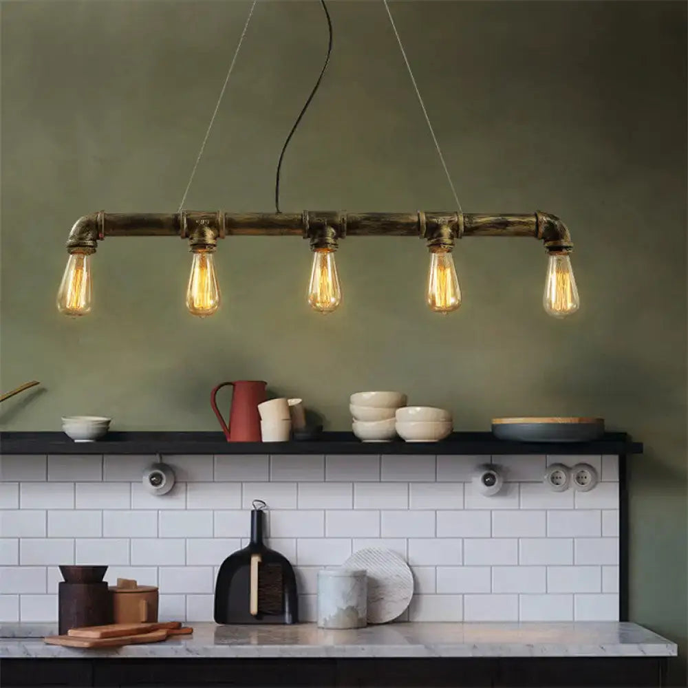 DecorBites™ vintage industrial pendant lamp with five exposed bulbs in antique brass and wrought iron piping