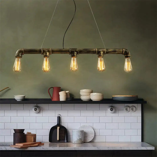 DecorBites™ vintage industrial pendant lamp with five exposed bulbs in antique brass and wrought iron piping