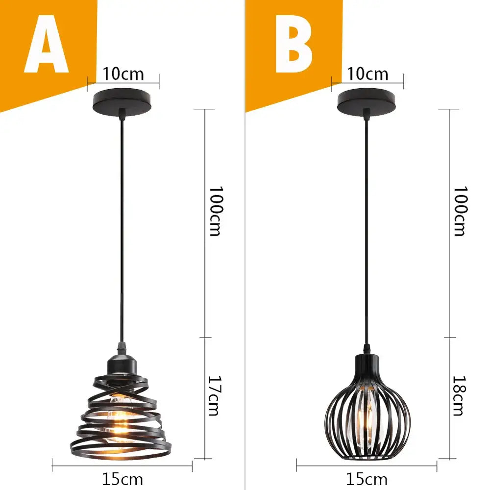 Vintage industrial black metal cage pendant light featuring spiral and spherical decorbites black metal designs