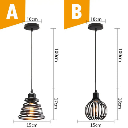 Vintage industrial black metal cage pendant light featuring spiral and spherical decorbites black metal designs