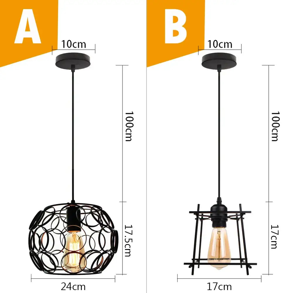 Vintage industrial black metal cage pendant lights with exposed filament bulbs featuring spherical and rectangular frames