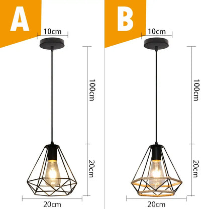 Vintage industrial black metal cage pendant light featuring two black metal cage designs with exposed filament bulbs