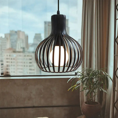 Vintage industrial black metal cage pendant light with spherical design and warm glowing bulb for kitchen decorbites black metal lighting