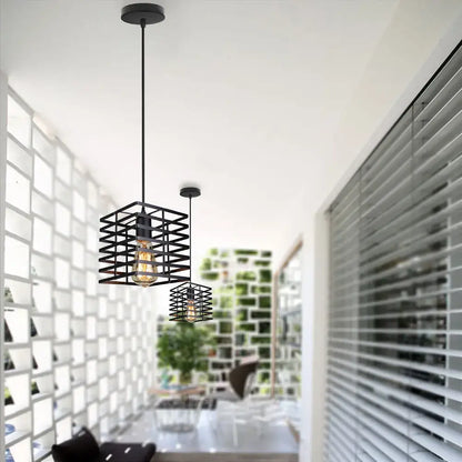 Vintage industrial black metal cage pendant light with geometric design and exposed filament bulb for kitchen decorbites black metal