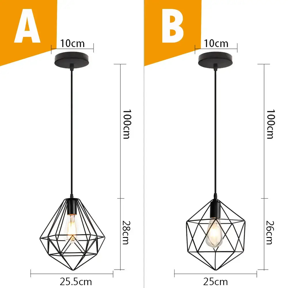 Black geometric wire pendant light with exposed bulb labeled a and b vintage industrial black metal cage decorbites black metal