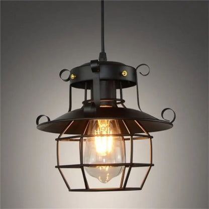 Black wrought iron pendant light with cage design and exposed bulb vintage industrial metal construction