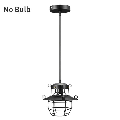 Vintage industrial black metal pendant light with cage design and cord pendant featuring metal construction without bulb