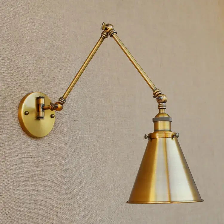 Brass-finished vintage industrial adjustable swing arm wall lamp with conical shade for bedroom reading decorbites adjustable swing