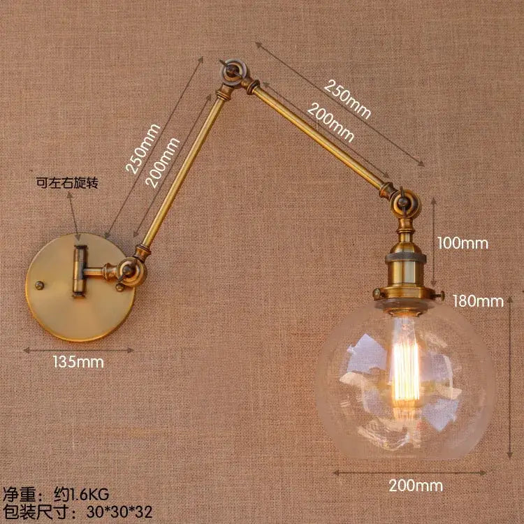 Vintage industrial brass glass ball swing arm bedroom sconce with adjustable brass-finished wall fixture and exposed filament bulb